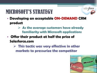 MICROSOFT’S STRATEGY
• Developing an acceptable ON-DEMAND CRM
  product
       As the average customers have already
        familiarity with Microsoft applications
• Offer their product at half the price of
  Salesforce.com
     This tactic was very effective in other
      markets to pressurize the competitor
 