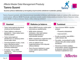 Affecto Master Data Management Prestudy
    Tamro Suomi
     Suomen johtava lääkkeiden ja terveyttä ja hyvinvointia edistävien tuotteiden jakelija.


Tamro Suomi tunnisti, että liiketoiminnan kannalta kriittisten ydintietojen laatu ei vastaa sille asetettuja
vaatimuksia. Affecto MDM Prestudy -palvelun avulla saatiin kokonaiskuva kuinka Tamro Suomen tulee
edetä MDM:n haltuunotossa: Kuka, mitä, miten ja milloin?


         Haasteet                                Ratkaisu ja lisäarvo                         Tuotokset
    Tiedon laatuongelmat aiheuttavat         Affecto MDM Prestudyn myötä saatiin         Tamro Suomen MDM:n nykytilan
     virheitä ja tulonmenetyksiä.              kokonaiskuva nykytilanteesta.                analyysi
    Tiedon hallinta on siiloutunut           MDM nähtiin yhteisenä                          - Prosessit ja järjestelmät
     järjestelmiin – Kuka vastaa tiedon        hankkeena, joka vaatii kaikken
                                                                                              - Case-esimerkit ...
     oikeellisuudesta?                         liiketoimintayksiköiden ja
                                               tukifunktioiden panosta.                    Kuvattu tavoitetila, jossa MDM:n
    Tiedon laatuongelmien
                                                                                            osalta halutaan olla.
     selvittäminen on vaikeaa ja siihen       MDM:n haasteista ja ongelmista tultiin
     menee paljon aikaa.                       tietoiseksi koko organisaatiossa.           Perusteltu, monipuolisesti kuvattu
                                                                                            ratkaisumalli, jolla voidaan päästä
    Toimintaympäristö muuttuu, mutta         Johto sai selkeän kuvan
                                                                                            tavoitteisiin.
     tiedon rakenteet ja tiedon                ongelmakohdista ja niihin liittyvistä
     ylläpitoon liittyvät prosessit ovat       ratkaisumalleista.                          Etenemisuunnitelma sisältäen
     vanhassa maailmassa                                                                    ensimmäisen vaiheen työmääräarviot
                                              Tamro Suomen käytössä on usean
                                                                                            ja aikataulun sekä koko MDM-
    Ei tiedetty, mikä on MDM                  vuoden päähän sijoittuva MDM-
                                                                                            hankkeen budjetäärisen koon.
     nykytilanne - mihin suuntaan              roadmap.
     pitää lähteä?


    Sivu 12
 