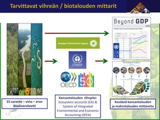 Tarvittavat vihreän / biotalouden mittarit

ES varanto – virta – arvo
Biodiversiteetti

Kansantalouden tilinpito:
Ecosystem accounts (EA) &
System of Integrated
Environmental and Economic
Accounting (SEEA)

Etc.
Kestäviä kansantalouden
ja makrotalouden mittareita

 