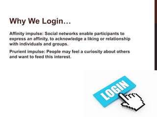 Why We Login…
Affinity impulse: Social networks enable participants to
express an affinity, to acknowledge a liking or relationship
with individuals and groups.

10-3

Prurient impulse: People may feel a curiosity about others
and want to feed this interest.

 