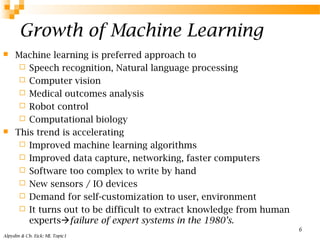 Growth of Machine Learning
 Machine learning is preferred approach to
 Speech recognition, Natural language processing
 Computer vision
 Medical outcomes analysis
 Robot control
 Computational biology
 This trend is accelerating
 Improved machine learning algorithms
 Improved data capture, networking, faster computers
 Software too complex to write by hand
 New sensors / IO devices
 Demand for self-customization to user, environment
 It turns out to be difficult to extract knowledge from human
expertsfailure of expert systems in the 1980’s.
Alpydin & Ch. Eick: ML Topic1
6
 