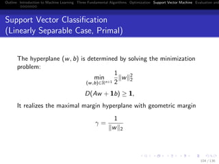 Outline Introduction to Machine Learning Three Fundamental Algorithms Optimization Support Vector Machine Evaluation and
Support Vector Classiﬁcation
(Linearly Separable Case, Primal)
The hyperplane (w, b) is determined by solving the minimization
problem:
min
(w,b)∈Rn+1
1
2
w 2
2
D(Aw + 1b) ≥ 1,
It realizes the maximal margin hyperplane with geometric margin
γ =
1
w 2
104 / 136
 