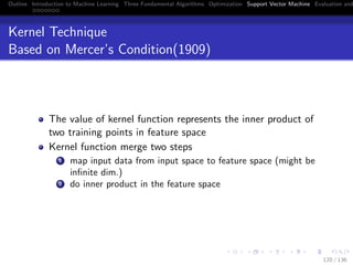 Outline Introduction to Machine Learning Three Fundamental Algorithms Optimization Support Vector Machine Evaluation and
Kernel Technique
Based on Mercer’s Condition(1909)
The value of kernel function represents the inner product of
two training points in feature space
Kernel function merge two steps
1 map input data from input space to feature space (might be
inﬁnite dim.)
2 do inner product in the feature space
120 / 136
 