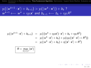 Outline Introduction to Machine Learning Three Fundamental Algorithms Optimization Support Vector Machine Evaluation and
yi( wk+1
· xi
+ bk+1) > yi( wk
· xi
) + bk ?
wk+1
←− wk
+ ηyixi
and bk+1 ←− bk + ηyiR2
yi ( wk+1
· xi
+ bk+1) = yi ( (wk
+ ηyi xi
) · xi
+ bk + ηyi R2
)
= yi ( wk
· xi
+ bk) + yi (ηyi ( xi
· xi
+ R2
))
= yi ( wk
· xi
+ bk) + η( xi
· xi
+ R2
)
R = max
1≤i≤
xi
28 / 136
 