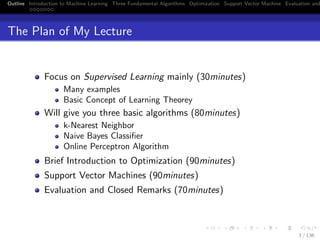 Outline Introduction to Machine Learning Three Fundamental Algorithms Optimization Support Vector Machine Evaluation and
The Plan of My Lecture
Focus on Supervised Learning mainly (30minutes)
Many examples
Basic Concept of Learning Theorey
Will give you three basic algorithms (80minutes)
k-Nearest Neighbor
Naive Bayes Classiﬁer
Online Perceptron Algorithm
Brief Introduction to Optimization (90minutes)
Support Vector Machines (90minutes)
Evaluation and Closed Remarks (70minutes)
3 / 136
 