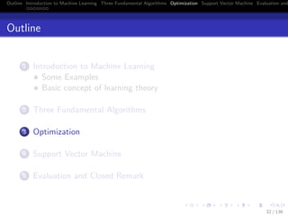 Outline Introduction to Machine Learning Three Fundamental Algorithms Optimization Support Vector Machine Evaluation and
Outline
1 Introduction to Machine Learning
Some Examples
Basic concept of learning theory
2 Three Fundamental Algorithms
3 Optimization
4 Support Vector Machine
5 Evaluation and Closed Remark
32 / 136
 