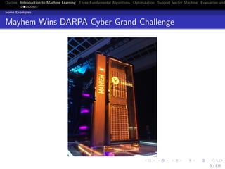 Outline Introduction to Machine Learning Three Fundamental Algorithms Optimization Support Vector Machine Evaluation and
Some Examples
Mayhem Wins DARPA Cyber Grand Challenge
5 / 136
 