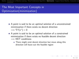 Outline Introduction to Machine Learning Three Fundamental Algorithms Optimization Support Vector Machine Evaluation and
The Most Important Concepts in
Optimization(minimization)
A point is said to be an optimal solution of a unconstrained
minimization if there exists no decent direction
=⇒ f (x∗) = 0
A point is said to be an optimal solution of a constrained
minimization if there exists no feasible decent direction
=⇒ KKT conditions
There might exist decent direction but move along this
direction will leave out the feasible region
68 / 136
 