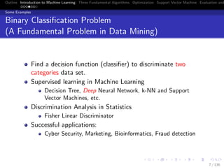 Outline Introduction to Machine Learning Three Fundamental Algorithms Optimization Support Vector Machine Evaluation and
Some Examples
Binary Classiﬁcation Problem
(A Fundamental Problem in Data Mining)
Find a decision function (classiﬁer) to discriminate two
categories data set.
Supervised learning in Machine Learning
Decision Tree, Deep Neural Network, k-NN and Support
Vector Machines, etc.
Discrimination Analysis in Statistics
Fisher Linear Discriminator
Successful applications:
Cyber Security, Marketing, Bioinformatics, Fraud detection
7 / 136
 