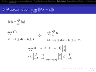 Outline Introduction to Machine Learning Three Fundamental Algorithms Optimization Support Vector Machine Evaluation and
L1-Approximation: min
x∈Rn
Ax − b 1
z 1 =
m
i=1
|zi |
min
x,s
1 s
s.t. −s ≤ Ax − b ≤ s
Or
min
x,s
m
i=1
si
s.t. −si ≤ Ai x − bi ≤ si ∀i
min
x,s
0 · · · 0 1 · · · 1
x
s
s.t.
A −I
−A −I 2m×(n+m)
x
s
≤
b
−b
74 / 136
 