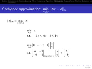 Outline Introduction to Machine Learning Three Fundamental Algorithms Optimization Support Vector Machine Evaluation and
Chebyshev Approximation: min
x∈Rn
Ax − b ∞
z ∞ = max
1≤i≤m
|zi |
min
x,γ
γ
s.t. − 1γ ≤ Ax − b ≤ 1γ
min
x,s
0 · · · 0 1
x
γ
s.t.
A −1
−A −1 2m×(n+1)
x
γ
≤
b
−b
75 / 136
 