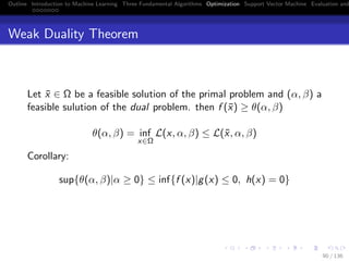 Outline Introduction to Machine Learning Three Fundamental Algorithms Optimization Support Vector Machine Evaluation and
Weak Duality Theorem
Let ¯x ∈ Ω be a feasible solution of the primal problem and (α, β) a
feasible sulution of the dual problem. then f (¯x) ≥ θ(α, β)
θ(α, β) = inf
x∈Ω
L(x, α, β) ≤ L(˜x, α, β)
Corollary:
sup{θ(α, β)|α ≥ 0} ≤ inf{f (x)|g(x) ≤ 0, h(x) = 0}
90 / 136
 