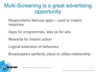 Multi-Screening is a great advertising
             opportunity
 Respondents like/use apps – used to instant
 response
 Apps for programmes, less so for ads
 Rewards for instant action
 Logical extension of behaviour
 Broadcasters perfectly place to utilise relationship


          STRICTLY CONFIDENTIAL © Copyright 2012 Shazam Entertainment Ltd.                                                     35

                                                                             Source: Thinkbox, Screen Life: the view from the sofa. 2012
 