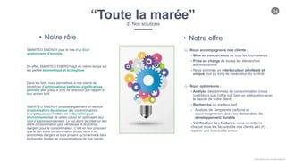 34
Chloe Godfroy pour Smarteo Energy ©
“Toute la marée”d) Nos solutions
• Notre rôle
SMARTEO ENERGY joue le rôle d’un Eco²
gestionnaire d’énergie.
En effet, SMARTEO ENERGY agit en même temps sur
les parties économique et écologique.
Dans les faits, nous permettons à nos clients de
bénéficier d’optimisations tarifaires significatives
pouvant aller jusqu’à 20% de réduction par rapport à
leur ancien tarif.
SMARTEO ENERGY propose également un service
d’optimisation dynamique des consommations
énergétiques, permettant de réduire l’impact
environnemental de celles-ci tout en optimisant leur
coût d’approvisionnement. Le but étant de créer un lien
entre consommation plus vertueuse et économie
d’argent pour le consommateur. C’est en leur prouvant
que le lien entre consommation plus « verte » et
économies d’argent et bien présent qu’on arrive à faire
évoluer les modes de consommations de nos clients.
• Notre offre
Nous accompagnons nos clients :
- Mise en concurrence de tous les fournisseurs
- Prise en charge de toutes les démarches
administratives
- Nous sommes un interlocuteur privilégié et
unique tout au long de l’exécution du contrat
Nous optimisons :
- Analyse des données de consommation (nous
contrôlons que l’offre soit bien en adéquation avec
le besoin de notre client)
- Recherche du meilleur tarif
- Analyse de l’empreinte carbone et
accompagnement dans les démarches de
développement durable
- Vérification des factures, nous contrôlons
chaque mois les factures de nos clients afin d’y
repérer une éventuelle erreur
 