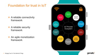 Foundation for trust in IoT
A reliable connectivity
framework
A reliable security
framework
An agile monetization
framework
Bringing Trust To The Internet of Things12
IoT Provider
Ecosystem
HARDWARE
MAKERS
INDUSTRY
GROUPS
IT
SERVICES
VENDORS
STANDARDS
BODIES
SOFTWARE
VENDORS
CLOUD
SERVICE
PROVIDERS
MIDDLEWARE
VENDORS
DEVICE
MAKERS
REGUALTORS
GOVERNMENT
NETWORK
SERVICE
PROVIDERS
 