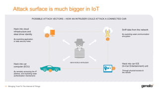 Attack surface is much bigger in IoT
Bringing Trust To The Internet of Things33
NEW-WORLD INTRUDER
Hack into cloud
infrastructure and
steal driver identity
By exploiting application
or data security holes
Sniff data from the network
By exploiting weak communication
encryption
Hack into car ICE
(In-Car Entertainment) unit
Through physical access to
the vehicle
Hack into car
computer (ECU)
By remotely accessing the IP
address, and exploiting weak
authentication mechanisms
POSSIBLE ATTACK VECTORS – HOW AN INTRUDER COULD ATTACK A CONNECTED CAR
 