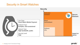 Security in Smart Watches
38
Security
Impact on
device
Software
only
Mixed
hard/software
Dedicated
hardware
Use Case:
Smart Watch Mobile Payment
Endpoint Type:
Complex, size-constrained
Network Type:
High bandwidth, public
Security Level:
High
Secure
Element
Bringing Trust To The Internet of Things
 