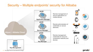 Security – Multiple endpoints’ security for Alibaba
41
Trusted
Application Manager
Trusted
Service Manager
Trusted
Key Manager
HSM &
Key Management
Remote management of
secure applications on
mobile devices
Remote administration of
credentials on secure
elements
Remote management
credentials for resource
constrained networks and
devices
LOGO
LOGO IN BLACK
LOGO COLOR VERSIONS
LOGO ON BLACK
Aliyun – Alibaba Cloud
Bringing Trust To The Internet of Things
 