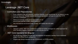 1111
Leverage .NET Core
• Controllers and Repositories
- Every repository has two versions: Local and Remote, Local repositories do not depend on any
external resources, Remote repositories require appropriate settings and call other HTTP
services or databases
- Startup.cs controls which one to inject based on an
environment (ASPNETCORE_ENVIRONMENT)
- Any microservice can be launched "locally" and tested with API tests
• Middleware
- Use your custom .NET Core middleware pushed as NuGet packages for unified approach for
error handling, logging, monitoring and returning service info
• .NET Core backend for Angular
- Do not develop separate Angular app and separate C# backend, develop it as a combined
project from Visual Studio perspective
- Angular app always requests its own C# backend, no CORS problem
 