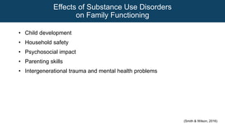 Effects of Substance Use Disorders
on Family Functioning
• Child development
• Household safety
• Psychosocial impact
• Parenting skills
• Intergenerational trauma and mental health problems
(Smith & Wilson, 2016)
 