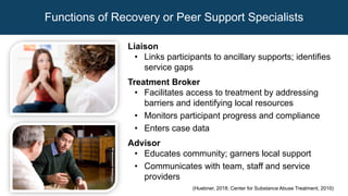 Liaison
• Links participants to ancillary supports; identifies
service gaps
Treatment Broker
• Facilitates access to treatment by addressing
barriers and identifying local resources
• Monitors participant progress and compliance
• Enters case data
Advisor
• Educates community; garners local support
• Communicates with team, staff and service
providers
Functions of Recovery or Peer Support Specialists
(Huebner, 2018; Center for Substance Abuse Treatment, 2010)
 