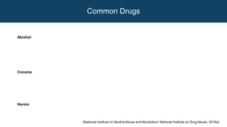 (National Institute on Alcohol Abuse and Alcoholism; National Institute on Drug Abuse, 2018a)
Alcohol
Cocaine
Heroin
Common Drugs
 