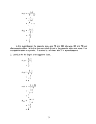 23
mCD =
)2(3
15
−−−
−
=
23
4
+−
= 4
1
4
−=
−
mAD =
33
75
−−
−
=
6
2
−
−
=
3
1
In this quadrilateral, the opposite sides are AB and CD. Likewise, BC and AD are
also opposite sides. Note that the computed slopes of the opposite sides are equal, thus
the opposite sides are parallel. Therefore by definition, ABCD is a parallelogram.
2. Compute for the slopes of the opposite sides.
mLO =
48
23
−
−
=
4
1
mOV =
86
35
−
−−
=
2
8
−
−
= 4
mVE =
62
)5(6
−
−−−
=
62
56
−
+−
=
4
1
mLE =
42
26
−
−−
=
2
8
−
−
= 4
 