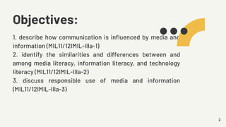 Objectives:
2
1. describe how communication is influenced by media and
information (MIL11/12IMIL-IIIa-1)
2. identify the similarities and differences between and
among media literacy, information literacy, and technology
literacy (MIL11/12IMIL-IIIa-2)
3. discuss responsible use of media and information
(MIL11/12IMIL-IIIa-3)
 