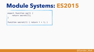 @Sander_Mak
Module Systems: ES2015
export function sq(i) {
return secret(i);
}
function secret(i) { return i * i; }
 