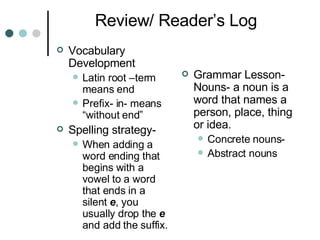 Review/ Reader’s Log Vocabulary Development Latin root –term means end Prefix- in- means “without end” Spelling strategy- When adding a word ending that begins with a vowel to a word that ends in a silent  e , you usually drop the  e  and add the suffix.  Grammar Lesson- Nouns- a noun is a word that names a person, place, thing or idea. Concrete nouns- Abstract nouns 