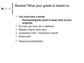 Review/ What your grade is based on You must have a binder Homework/grade sheet to keep track of your progress For now, you may use a notebook Reader’s log for each story Vocabulary chart, “immersed in words”  Group work Classroom participation   