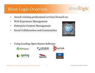 Copyright © 2013. Rivet Logic Corporation. All rights reserved. ARTISANS OF OPEN SOURCE2!
Rivet Logic Overview
•  Award-winning professional services focused on:
•  Web Experience Management
•  Enterprise Content Management
•  Social Collaboration and Communities
•  Using Leading Open Source Software
 