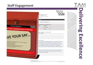 Staff Engagement




                                                                                           Delivering Excellence
                               Company Vehicles
                                 Internal Processes
                                    communications

                                                     
                                                     
                           
             Costing too much of the cost issues we have as a company
               I believe that a number
                  Communication is poor
                stem from poor design and implementation of our internal
                processes and controls. This leads to inefficiency, waste and
                increased costs. If we could standardise our internal processes and
                bring them into line with industry best practises we could improve
                our efficiency and reduce costs.

             Cost too much in essential user forecast, or at least the
               Overtime throughout the business is not
                forecast is not relayedon athe accounts department.structure as to how
                  Management reports to monthly basis, there is no This means
                that if in a reported, information is not fed back to managers on what
                  these are month or week a lot of extra overtime is worked, the
                accounts department do not have chance November? everything again is
                  reports have been submitted, nothing for to plan for the extra
                spend this creates no set dates as to when informationcash flow
                  last minute with and as a consequence we may hit is required.
                problems. mechanism for KPI's has not been set up in a standard report
                  reporting
                  format
             Pool interdepartmental project team could be set up to look
               An cars for all
                specifically at theas to when reports areof the company be programmed in
                   have clear dates internal processes due so they can as a whole and
                to and also ideasaand format for the report and KPI's,best practise
                   suggest have set plans to move these towards these should once
                therefore reducingto section managers. efficiency.
                   completed be sent costs and increasing
 