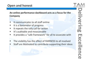 Open and honest




                                                                 Delivering Excellence
 An online performance dashboard acts as a focus for the
 Company

    It communicates to all staff online
    It is a barometer of progress
    It repeats the rally call for action
    It’s auditable and measureable
    It provides a “safe framework” for all to associate with

    The visibility has the effect of FAIRNESS to all involved
    Staff are Motivated to contribute supporting their ideas
 