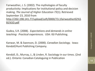 Fairweather, J. S. (2002). The mythologies of faculty
productivity: Implications for institutional policy and decision
making. The Journal of Higher Education 73(1). Retrieved
September 23, 2010 from
http://202.198.141.77/upload/soft/0000/73.1fairweather02%5
B1%5D.pdf

Gudea, S.R. (2008). Expectations and demands in online




                                                                     Congress 2011 CSSHE
teaching: Practical experiences. USA: IGI Publishing.

Kanwar, M. & Swenson, D. (2000). Canadian Sociology. Iowa:
Kendall/Hunt Publishing Company.

Kendall, D., Murray, J., & Linden, R. Sociology in our times. (2nd
ed.). Ontario: Canadian Cataloguing in Publication
                                                                     14
 