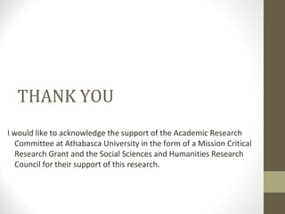 THANK YOU
I would like to acknowledge the support of the Academic Research
  Committee at Athabasca University in the form of a Mission Critical
  Research Grant and the Social Sciences and Humanities Research
  Council for their support of this research.
 