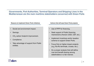 16
Governments, Port Authorities, Terminal Operators and Shipping Lines in the
Mediterranean are the main maritime stakeholders concerned with Green Ports
Reasons to implement Green Ports initiatives Actions that will ease Green Ports projects
• Social and environment impact.
• Savings.
• CO2 carbon footprint improvement.
• Compliance.
• Take advantage of support from Public
entities.
• Use of PPP for financing.
• Seek support of Public financing
mechanisms (Horizon 2020, CEF, etc.)
• Implement incentives and/or taxation
schema to support Green Ports.
• Focus first on higher-impact projects
(e.g. Ro-Ro terminals, cruises, etc.).
• Do a proper analysis that will define
cost and benefit sharing among
stakeholders in a fair manner.
 