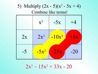 5) Multiply (2x - 5)(x2 - 5x + 4)
       Combine like terms!

           x2     -5x        +4

  2x      2x3    -10x2       +8x

  -5      -5x2 +25x          -20

    2x3 – 15x2 + 33x - 20
 