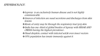 EPIDERMOLOGY:
Leprosy is an exclusively human disease and is not highly
communicable.
Sources of infection are nasal secretions and discharges from skin
lesions.
Route of entry may be through the respiratory tract (or) skin.
India has one-third of global burden of leprosy with BIHAR AND
ORISSA having the highest prevalence .
Nasal droplets, contact with infected soil,& even insect vectors.
95% population has innate immunity against it.
 