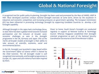 .
This presentation by myForesight - Malaysian Foresight Institute is licensed under a Creative Commons Attribution 3.0 unported License.
This basically allows you to use the presentation as you like as long as you acknowledge the source.
Global & National Foresight
A recognized tool for public policy & planning, foresight has been used and promoted by the likes of UNIDO, UNEP &
WEF. Most developed countries conduct national foresight exercises of some form, driven by the escalation in
industrial and economic competition and increasing pressures on government spending. The European Commission
(EC) has been influential in promoting technology foresight by supporting Candidate Countries to develop a full
Foresight capability.
Although foresight in the 1990s had a technology focus,
to date there has been a global trend towards increased
participation and the inclusion of broader socio-
economic challenges as seen in the foresight
programme in the UK, Germany and Japan. One of the
merits of broader models of foresight is their ability to
take account of scientific, economic, social and
environmental factors.
In the UK, Foresight was launched in 1994, based within
the Government Office of Science which is chaired by
the Chief Scientist. The UK foresight model is well
recognized internationally, and foresight programmes in
Europe, US, Japan and Latin America have been inspired
by them.
Closer to home; South Korea’s Foresight are conducted
regularly in support of National Science & Technology
Council. Whereas Singapore established their foresight
oriented programme as part of the National Security
Coordination Secretariat at the Prime Minister's Office.
0
200
400
600
800
International
Europe
LatinAmerica
NorthAmerica
Asia
Oceania
Levels 0&1 Levels 2&3
Mapping Foresight
R. Popper (2011)
 