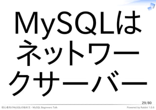 MySQLは
   ネットワー
   クサーバー
初心者向けMySQLの始め方 - MySQL Beginners Talk
                                                    29/80
                                        Powered by Rabbit 1.0.6
 