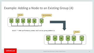 Copyright © 2016, Oracle and/or its affiliates. All rights reserved. |
Example: Adding a Node to an Existing Group (4)
16
M M M M M N
ONLINE RECOVERING
SELECT * FROM performance_schema.replication_group_membersG
M M M M M N
ONLINE
 