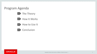 Copyright © 2016, Oracle and/or its affiliates. All rights reserved. |
Program Agenda
The Theory
How It Works
How to Use It
Conclusion
1
2
3
4
4
 