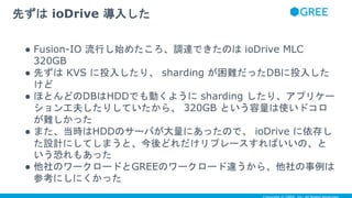 ● Fusion-IO 流行し始めたころ、調達できたのは ioDrive MLC
320GB
● 先ずは KVS に投入したり、 sharding が困難だったDBに投入した
けど
● ほとんどのDBはHDDでも動くように sharding したり、アプリケー
ション工夫したりしていたから、 320GB という容量は使いドコロ
が難しかった
● また、当時はHDDのサーバが大量にあったので、 ioDrive に依存し
た設計にしてしまうと、今後どれだけリプレースすればいいの、と
いう恐れもあった
● 他社のワークロードとGREEのワークロード違うから、他社の事例は
参考にしにくかった
先ずは ioDrive 導入した
 