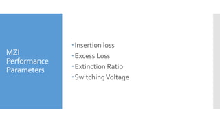 MZI
Performance
Parameters
Insertion loss
Excess Loss
Extinction Ratio
SwitchingVoltage
 