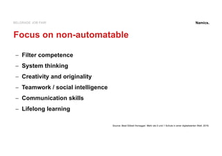 Namics.BELGRADE JOB FAIR
Focus on non-automatable
- Filter competence
- System thinking
- Creativity and originality
- Teamwork / social intelligence
- Communication skills
- Lifelong learning
Source: Beat Döbeli Honegger. Mehr als 0 und 1 Schule in einer digitalisierten Welt. 2016.
 