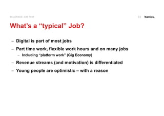 Namics.33BELGRADE JOB FAIR
What’s a “typical” Job?
- Digital is part of most jobs
- Part time work, flexible work hours and on many jobs
- Including “platform work” (Gig Economy)
- Revenue streams (and motivation) is differentiated
- Young people are optimistic – with a reason
 