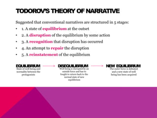 TODOROV’S THEORY OF NARRATIVESuggested that conventional narratives are structured in 5 stages:1. A state of equilibrium at the outset