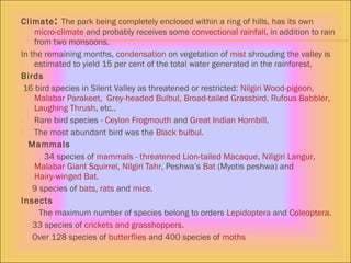 Climate: The park being completely enclosed within a ring of hills, has its own 
micro-climate and probably receives some convectional rainfall, in addition to rain
from two monsoons.
In the remaining months, condensation on vegetation of mist shrouding the valley is
estimated to yield 15 per cent of the total water generated in the rainforest.
Birds
 16 bird species in Silent Valley as threatened or restricted: Nilgiri Wood-pigeon, 
Malabar Parakeet,  Grey-headed Bulbul, Broad-tailed Grassbird, Rufous Babbler,
Laughing Thrush, etc..
 Rare bird species - Ceylon Frogmouth and Great Indian Hornbill.
 The most abundant bird was the Black bulbul.
Mammals
34 species of mammals - threatened Lion-tailed Macaque, Niligiri Langur, 
Malabar Giant Squirrel, Nilgiri Tahr, Peshwa’s Bat (Myotis peshwa) and
Hairy-winged Bat.
9 species of bats, rats and mice.
Insects
The maximum number of species belong to orders Lepidoptera and Coleoptera.
33 species of crickets and grasshoppers.
Over 128 species of butterflies and 400 species of moths
 