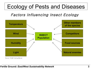 INSECT Population Temperature Wind Humidity Light Other members of the species Competitors Food sources Natural enemies Ecology of Pests and Diseases Factors Influencing Insect Ecology Source: IFOAM Training Manual Fertile Ground:  East/West Sustainability Network 3 